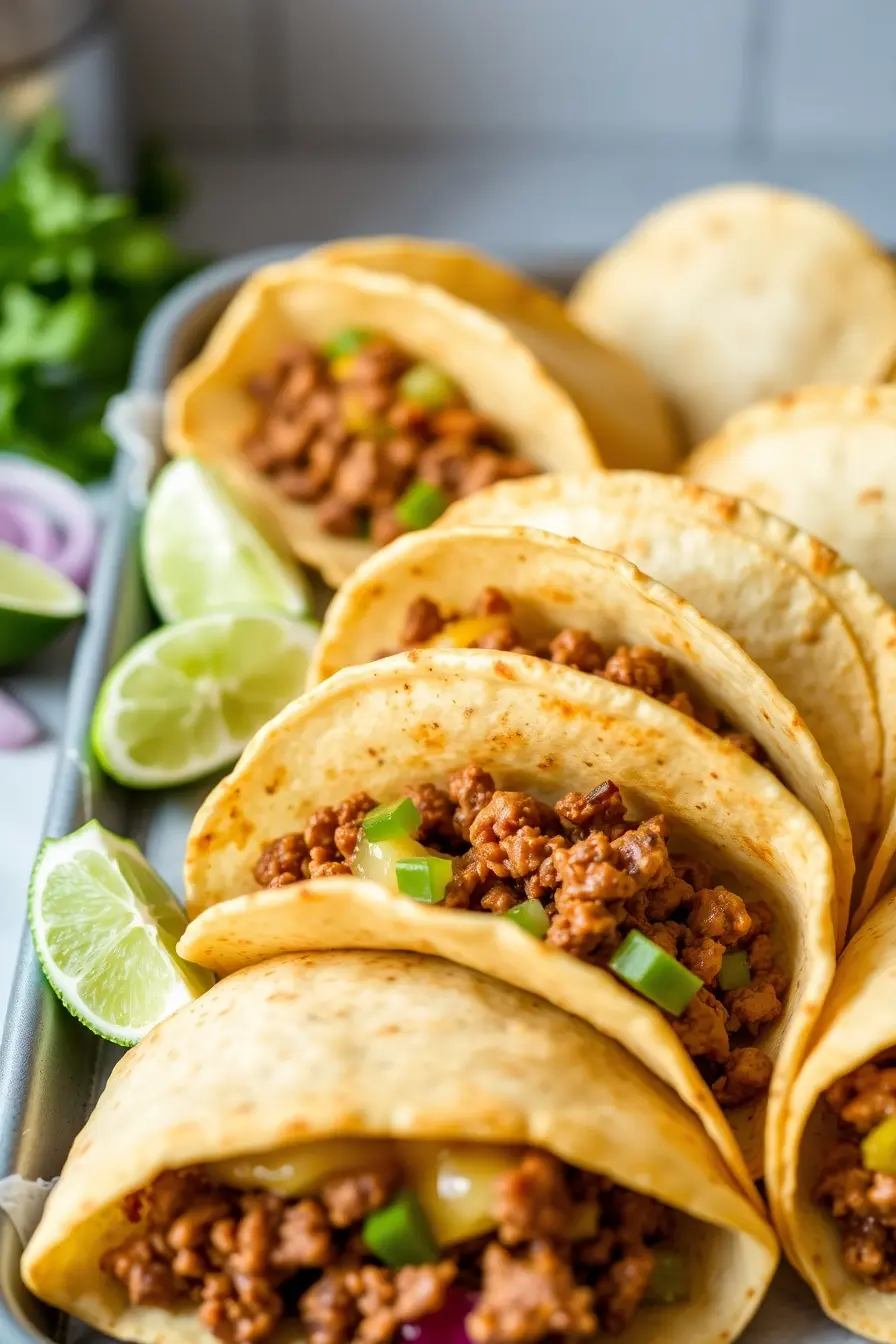 an image where crispy tacos are neatly folded. The corners of each taco should be slightly lifted, showing the filling (like seasoned ground beef, melted cheese, and chopped veggies). Arrange the tacos on a tray with lime wedges and pickled onions placed beside them. The background should have soft lighting, giving a cozy, inviting kitchen atmosphere. Each taco should be folded in a visually appealing way, with the melted cheese inside clearly visible.